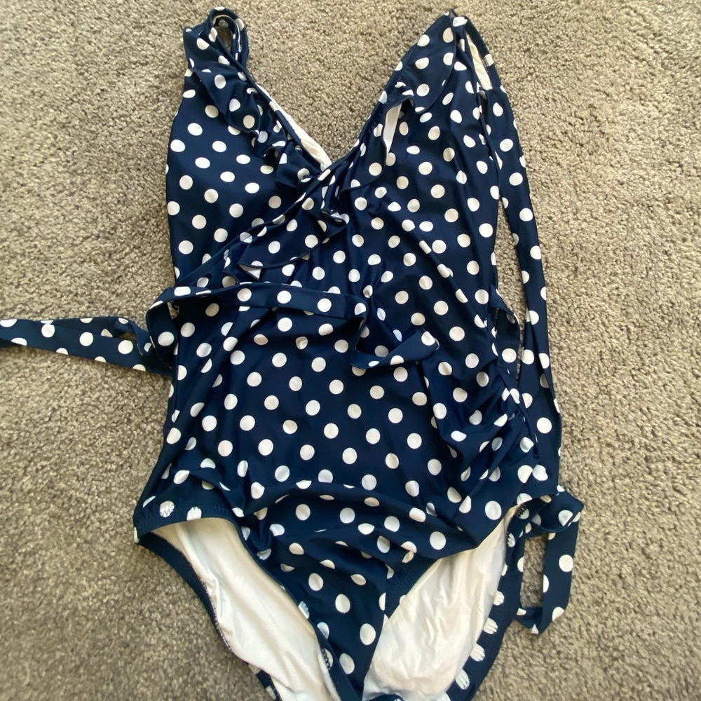 Navy Blue Polka Dot, wrap bathing suit with ruffle detail